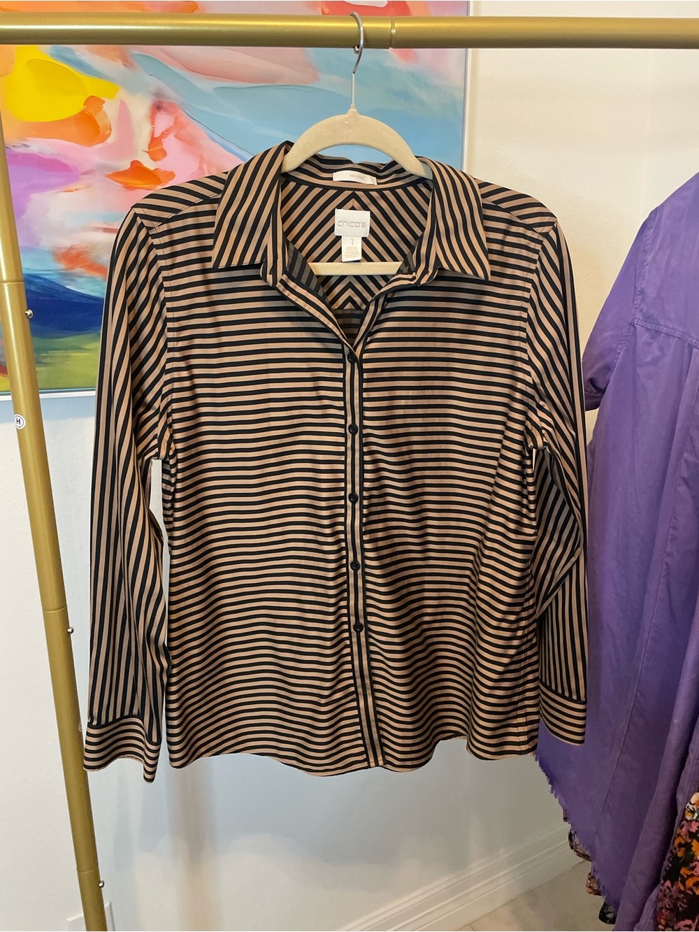 Chico's Striped Button-Front Shirt in Black and Tan Womens Large
